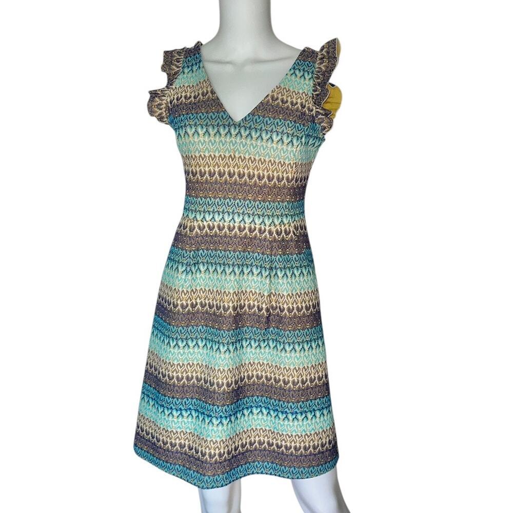 Anthropologie Tabitha Teahouse Knit turquoise/gold mini Dress blue size small​